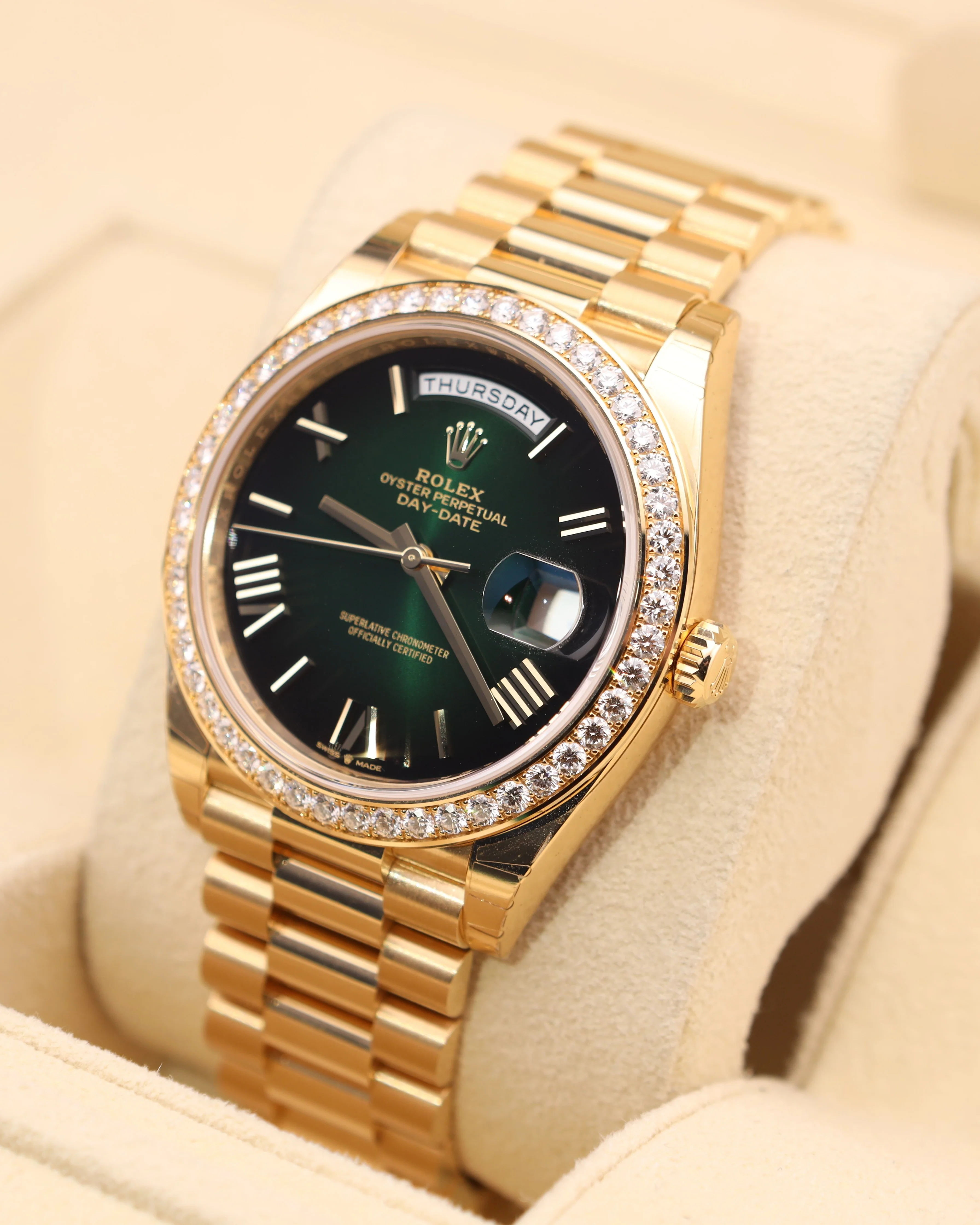 Rolex Day-Date 40 Green Ombre Presidential Diamond Bezel 228348RBR Factory Stickers - Image 3